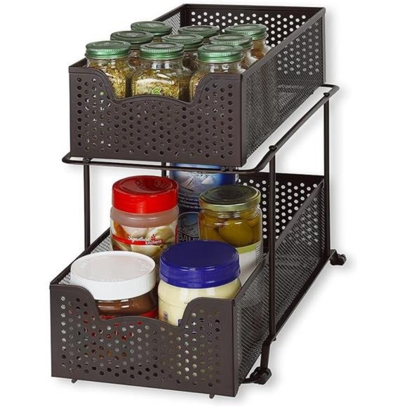 2 Tier Sliding Cabinet Basket Organizer Drawer, Bronze - Picture 3 of 7